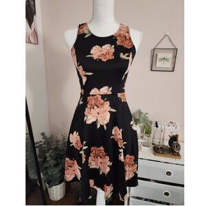 Floral Black and Pink Fit and Flare Sleeveless Dress